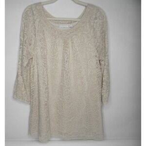 Susan Graver Lace 2 Piece Blouse Ivory‎ Medium M 3/4 Sleeve Formal Top Womens